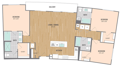 Floor plan for 3 beds, 3 baths, 1672 sqft